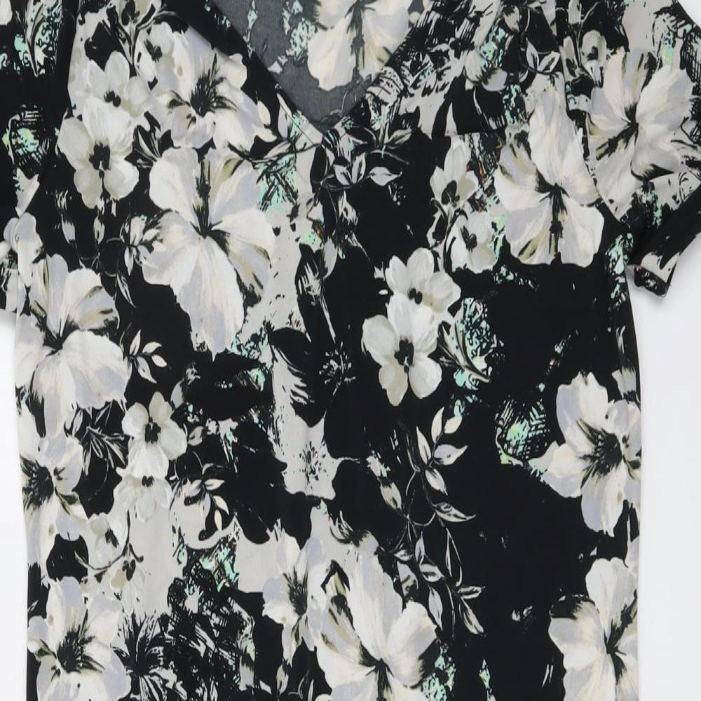 Warehouse Womens Black Floral Polyester A-Line Size 6 V-Neck Pullover