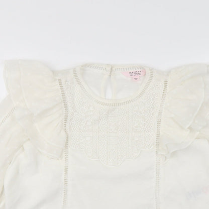 Close-up detail of Miss Selfridge women’s ivory polyester basic blouse, size UK 4, round neck