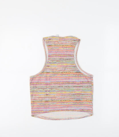Back view of ASOS women’s multicoloured striped polyester basic tank, size UK 12, round neck