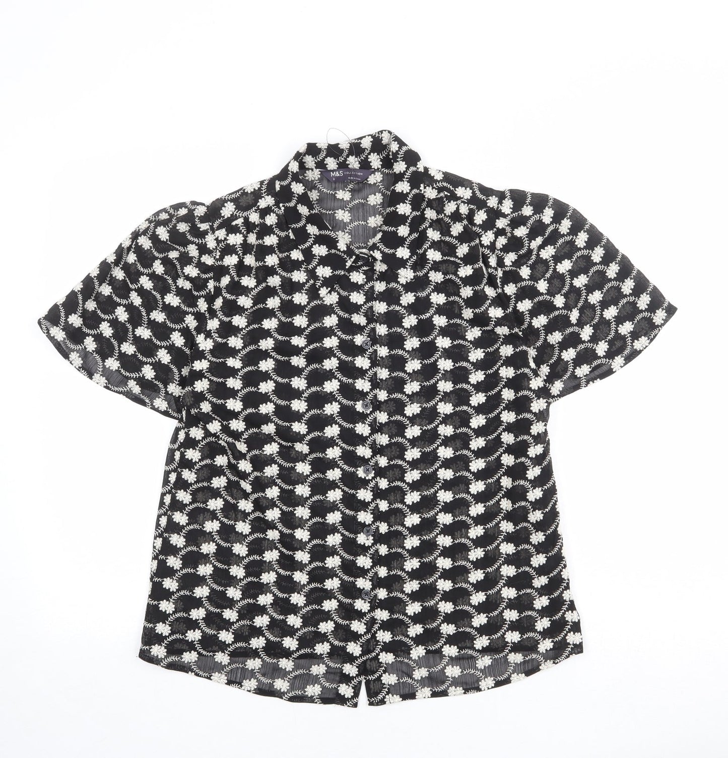 Marks and Spencer Womens Black Floral Polyester Basic Button-Up Size 8 Collared