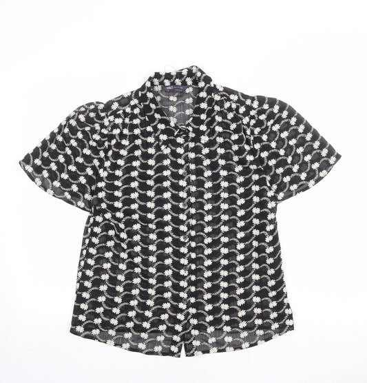 Marks and Spencer Womens Black Floral Polyester Basic Button-Up Size 8 Collared