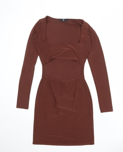 Additional front view of Missguided women’s brown polyester bodycon, size UK 10, square neck pullover