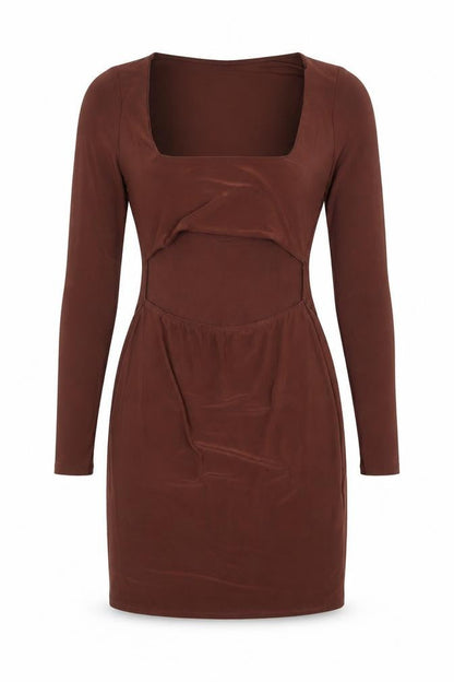 Front view of Missguided women’s brown polyester bodycon, size UK 10, square neck pullover