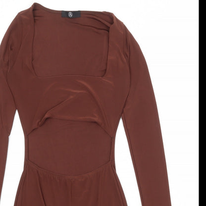 Close-up detail of Missguided women’s brown polyester bodycon, size UK 10, square neck pullover