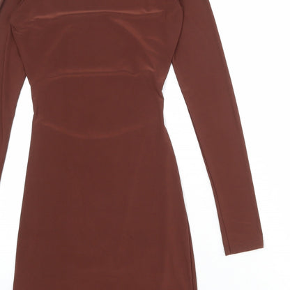 Brand and care label for Missguided women’s brown polyester bodycon, size UK 10, square neck pullover