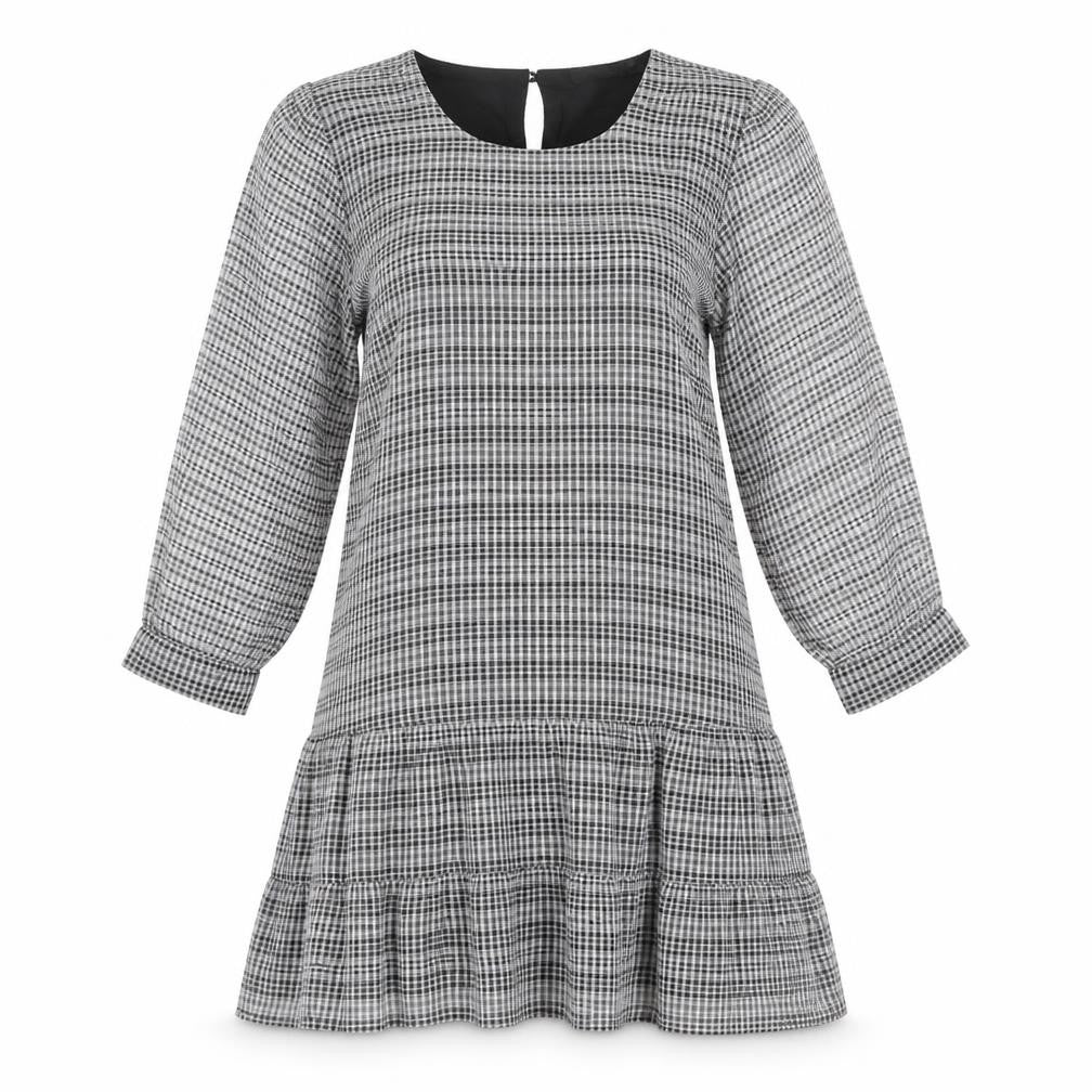 Dynamite Womens Grey Check Polyester A-Line Size M Round Neck Button