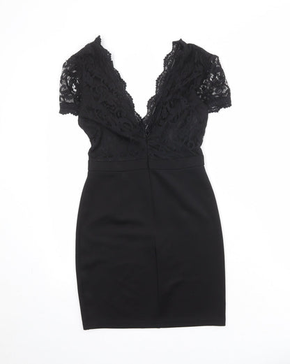 Back view of Missguided women’s black geometric polyester a-line, size UK 8, v-neck pullover