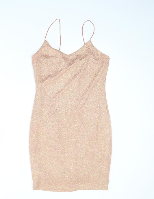 Urmoda Womens Pink Geometric Polyester Slip Dress Size M V-Neck Pullover