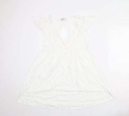 Next Womens White 100% Cotton Fit & Flare Size 8 V-Neck Pullover - Ruffle
