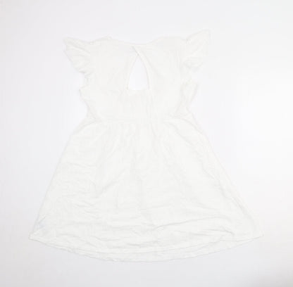 Next Womens White 100% Cotton Fit & Flare Size 8 V-Neck Pullover - Ruffle
