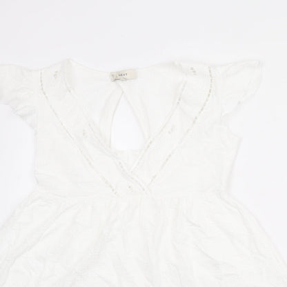 Next Womens White 100% Cotton Fit & Flare Size 8 V-Neck Pullover - Ruffle