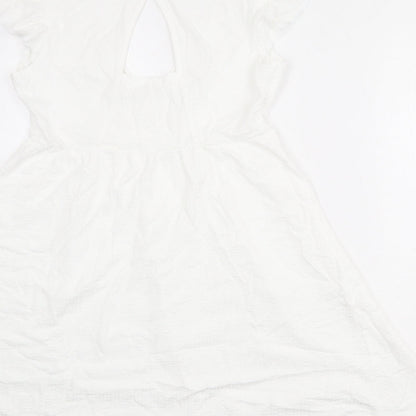 Next Womens White 100% Cotton Fit & Flare Size 8 V-Neck Pullover - Ruffle