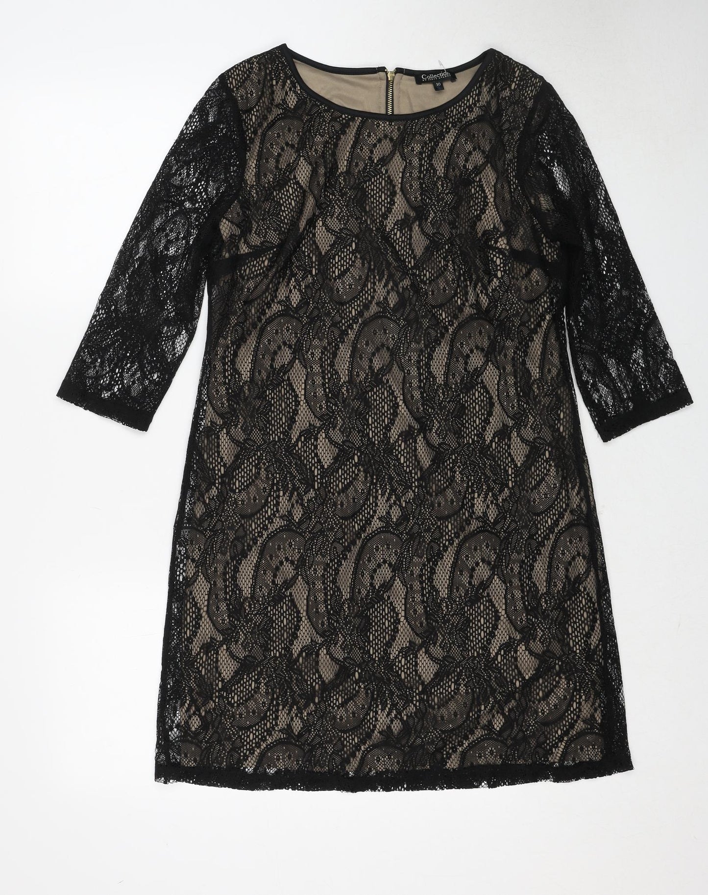 First Avenue Womens Black Geometric Polyester A-Line Size 10 Round Neck Zip