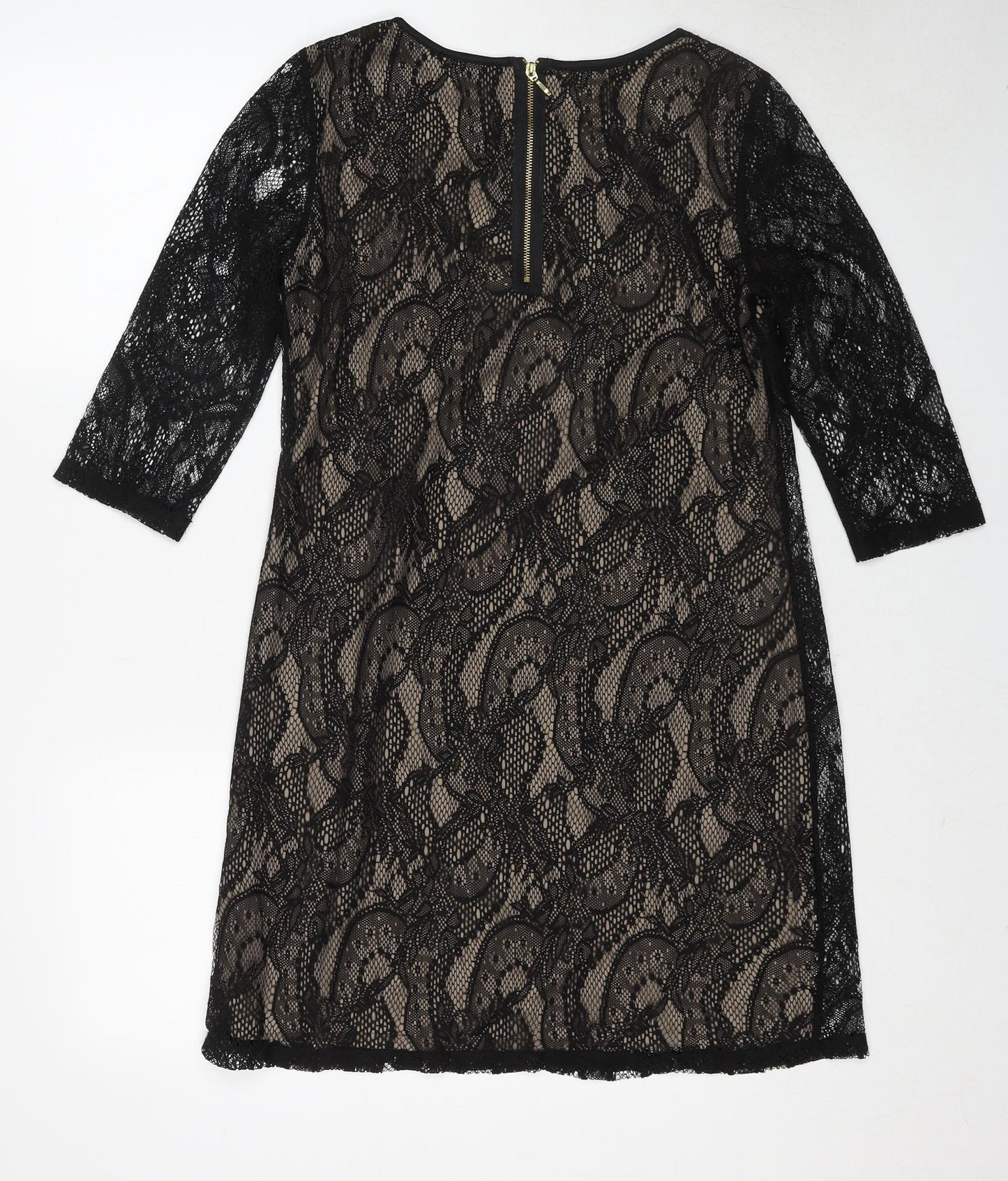 First Avenue Womens Black Geometric Polyester A-Line Size 10 Round Neck Zip