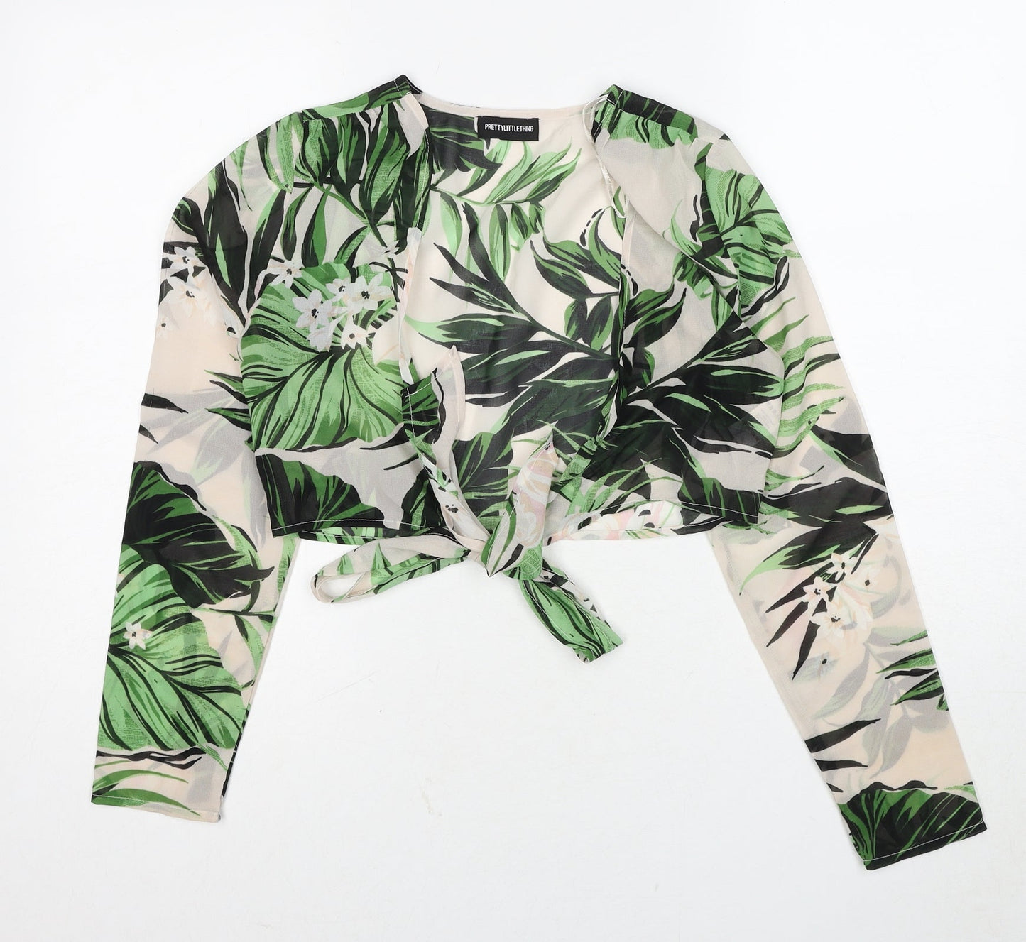 PRETTYLITTLETHING Womens Multicoloured Geometric Polyester Cropped Blouse Size 8 V-Neck - Leaf Pattern