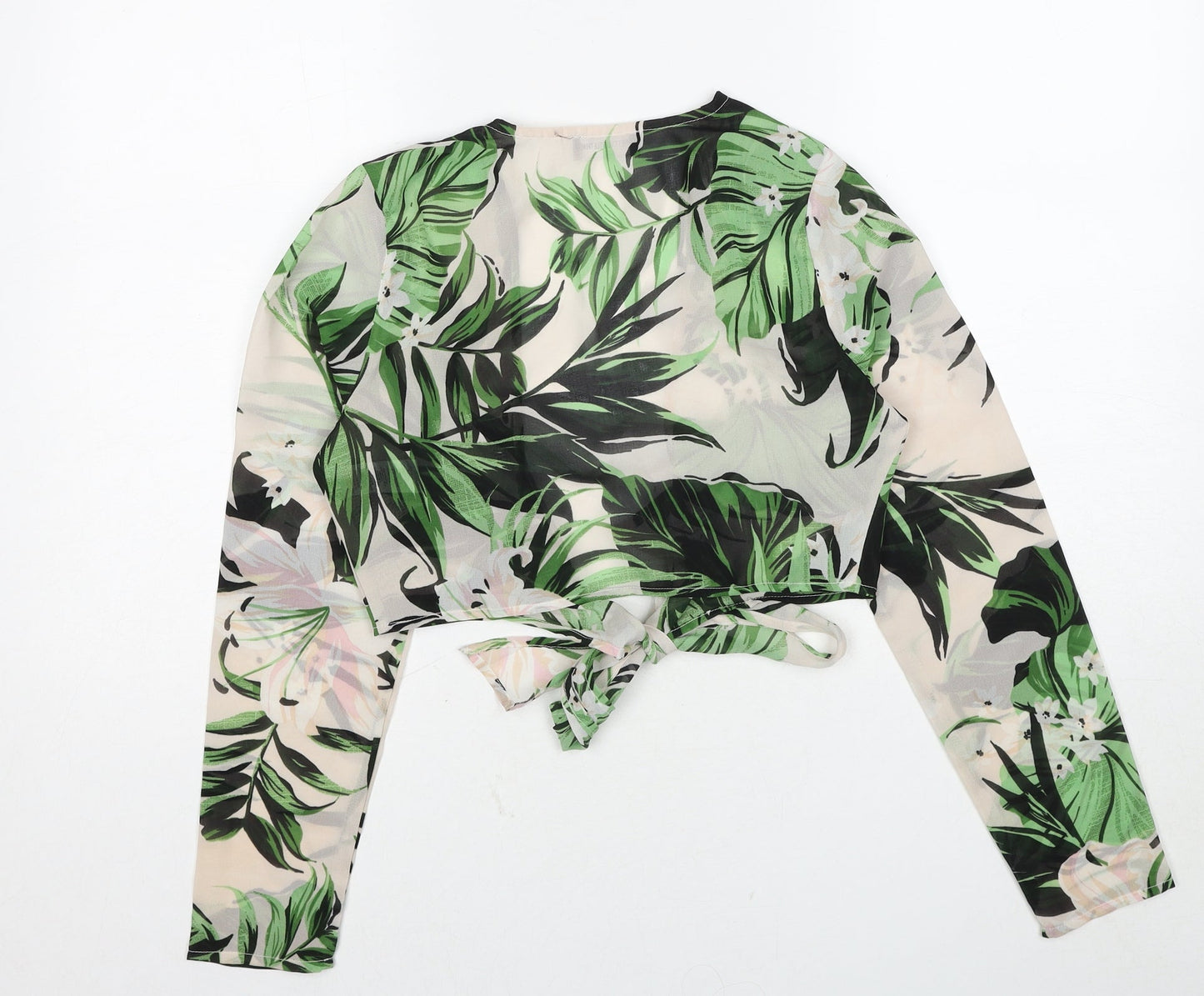 PRETTYLITTLETHING Womens Multicoloured Geometric Polyester Cropped Blouse Size 8 V-Neck - Leaf Pattern