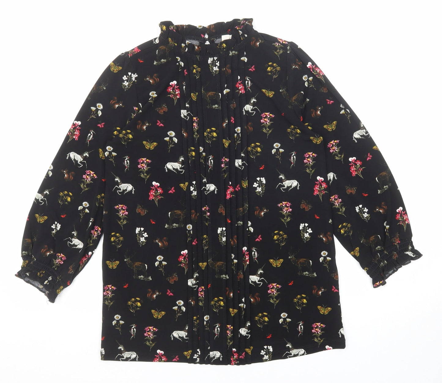 Oasis Womens Black Geometric Polyester Basic Blouse Size XS Round Neck - Flowers and Unicorn Print