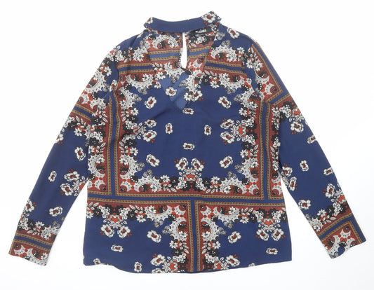 Missguided Womens Blue Geometric Polyester Basic Blouse Size 12 V-Neck