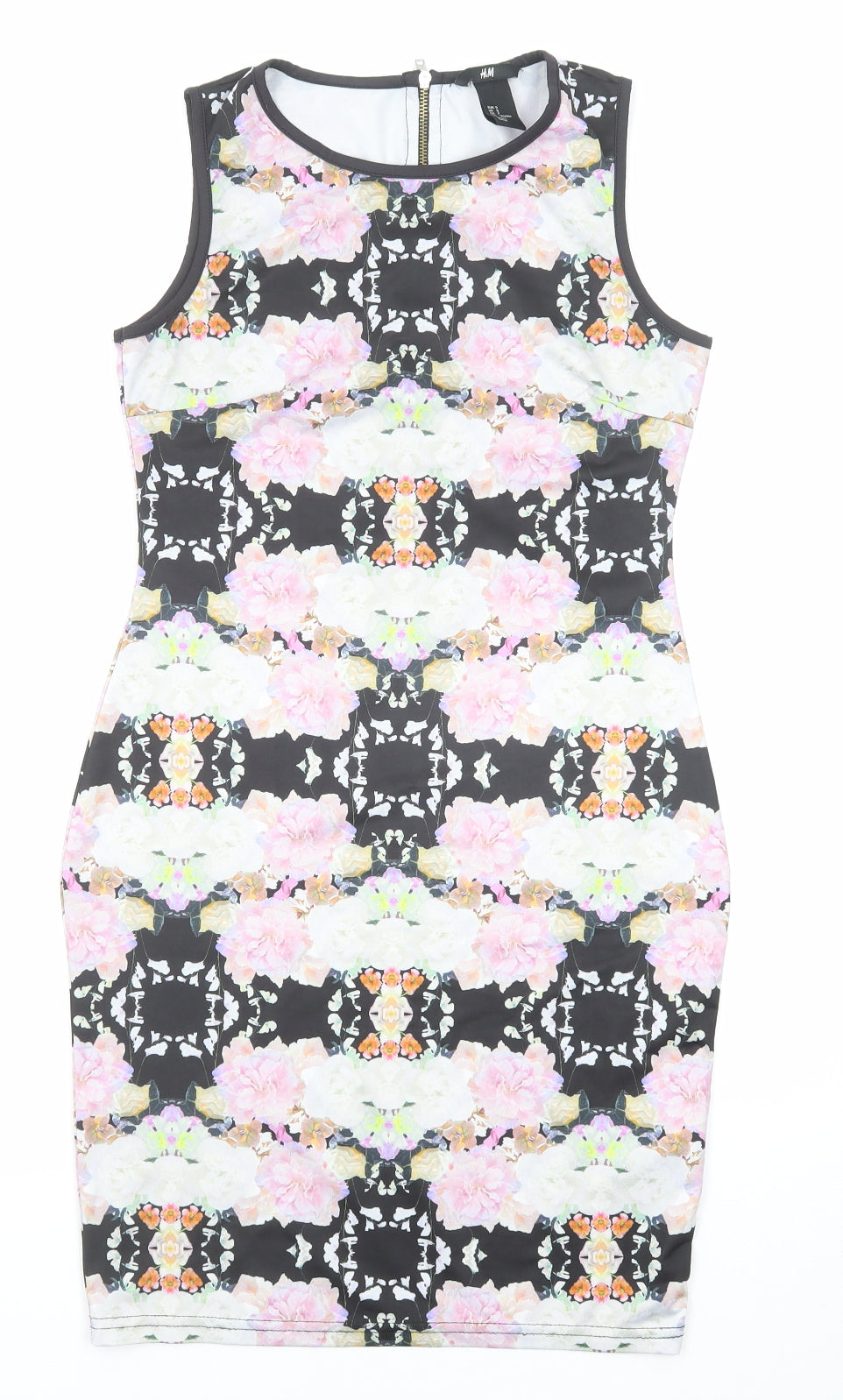 H&M Womens Multicoloured Geometric Polyester Bodycon Size S Round Neck Zip