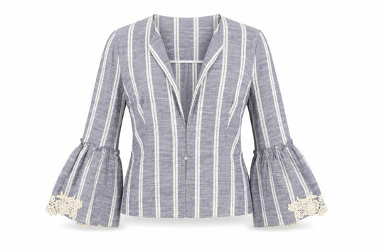 Zara Womens Blue Striped Jacket Blazer Size XS - Crocheted Lace Detail