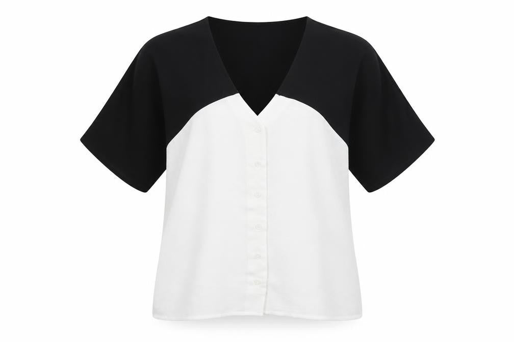 ASOS Womens Black Colourblock Polyester Basic Button-Up Size 8 V-Neck