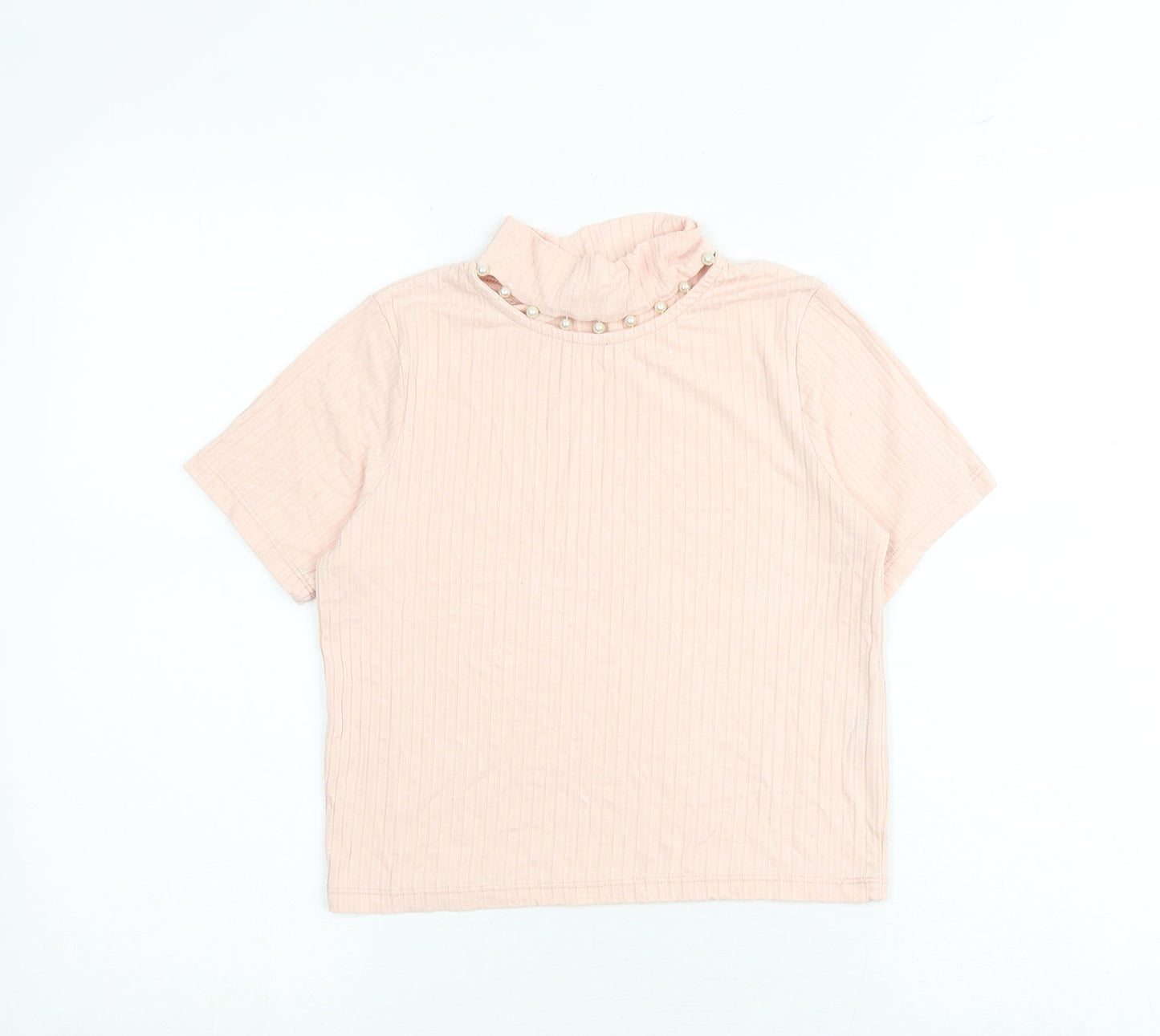 Select Girls Pink Viscose Basic T-Shirt Size 14 Years High Neck Pullover - Pearl Detail Ribbed