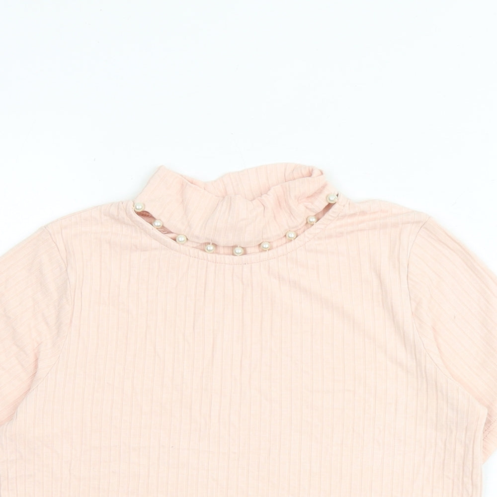 Select Girls Pink Viscose Basic T-Shirt Size 14 Years High Neck Pullover - Pearl Detail Ribbed