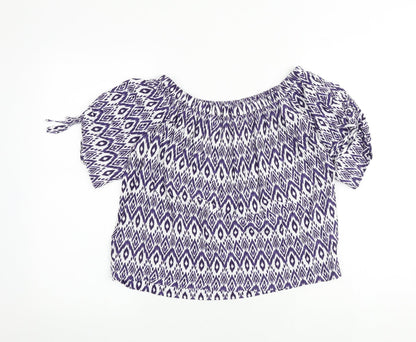 Next Womens Blue Geometric Viscose Basic Blouse Size 8 Off the Shoulder - Tie Sleeve Detail