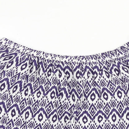 Next Womens Blue Geometric Viscose Basic Blouse Size 8 Off the Shoulder - Tie Sleeve Detail