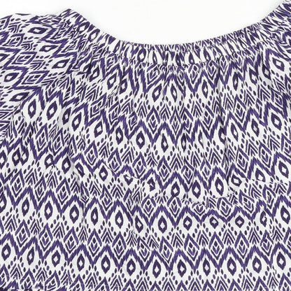 Next Womens Blue Geometric Viscose Basic Blouse Size 8 Off the Shoulder - Tie Sleeve Detail