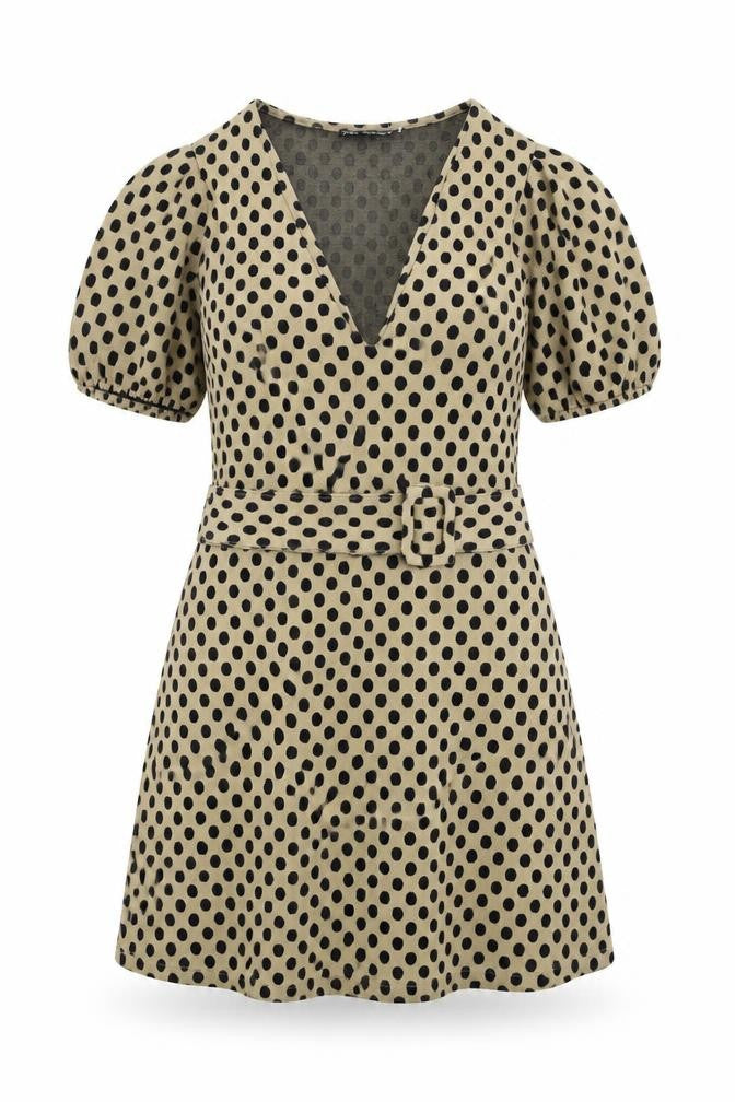 Zara Womens Brown Polka Dot Polyester A-Line Size S V-Neck Buckle