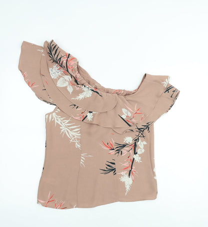 Back view of Autograph women’s brown geometric polyester basic blouse, size UK 8, boat neck - leaf print