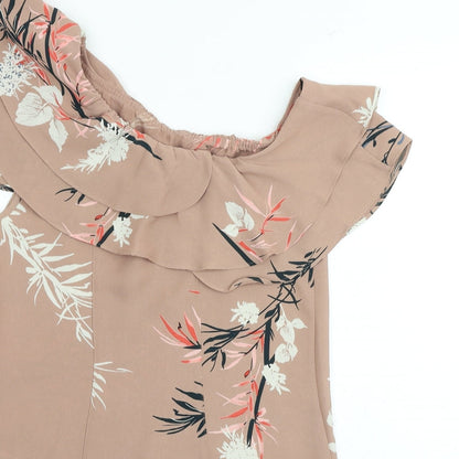 Brand and care label for Autograph women’s brown geometric polyester basic blouse, size UK 8, boat neck - leaf print