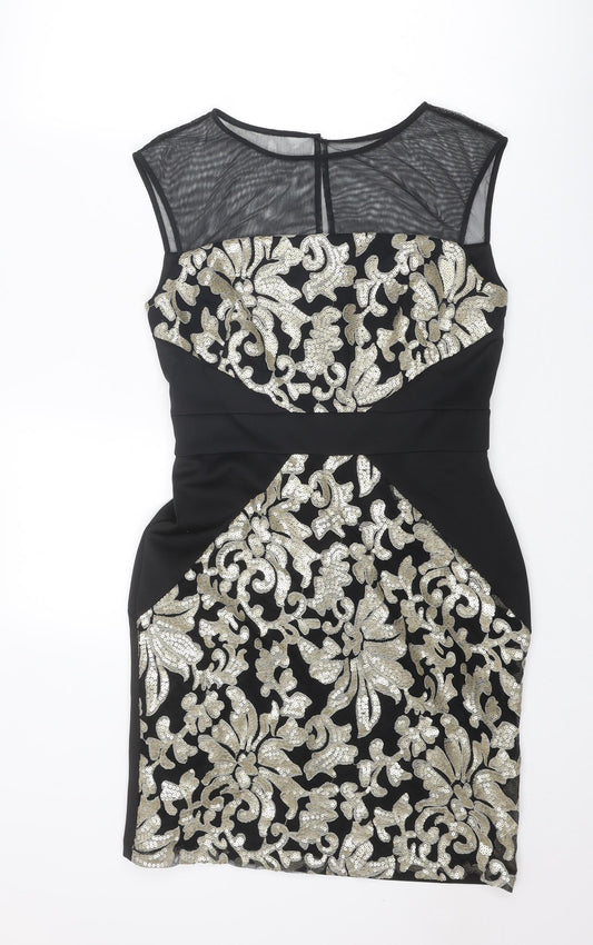 SD Collection Womens Black Geometric Polyester Bodycon Size 10 Round Neck Button