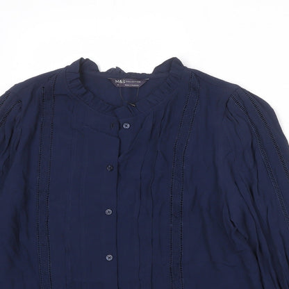 Marks & Spencer Womens Blue Viscose Basic Button-Up Size 10 Round Neck