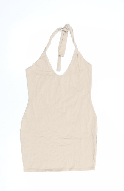 PRETTYLITTLETHING Womens Beige Cotton Shift Size 8 Halter Tie - Open Back