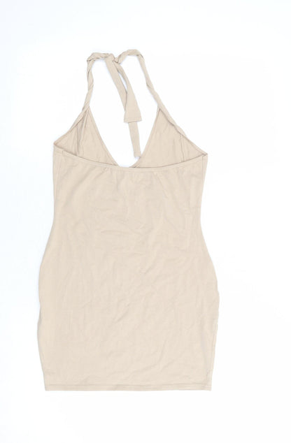 PRETTYLITTLETHING Womens Beige Cotton Shift Size 8 Halter Tie - Open Back