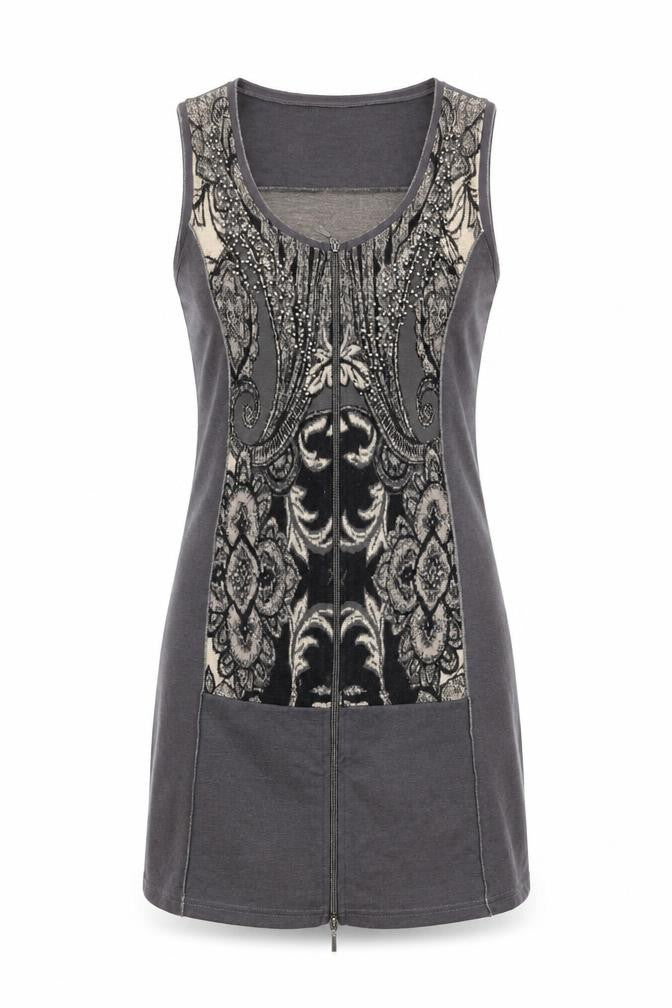 Crisca Womens Grey Geometric Polyester Shift Size S Round Neck Zip