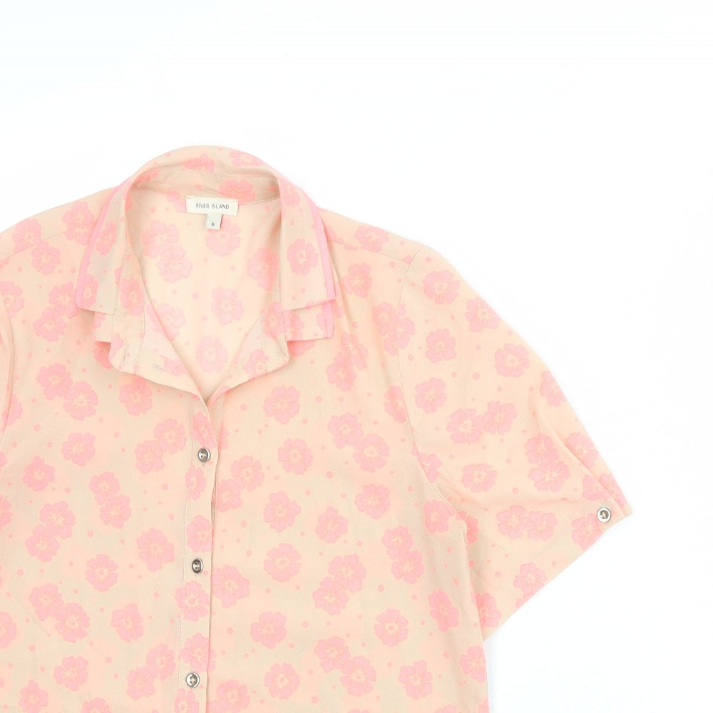 River Island Womens Beige Floral Polyester Basic Button-Up Size 6 Collared