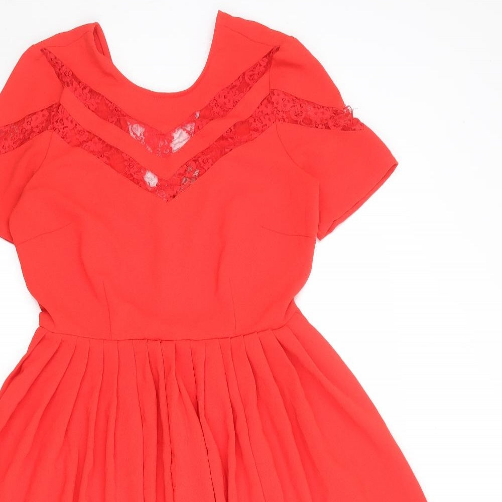 ASOS Womens Red Polyester A-Line Size 10 Round Neck Zip - Lace Details