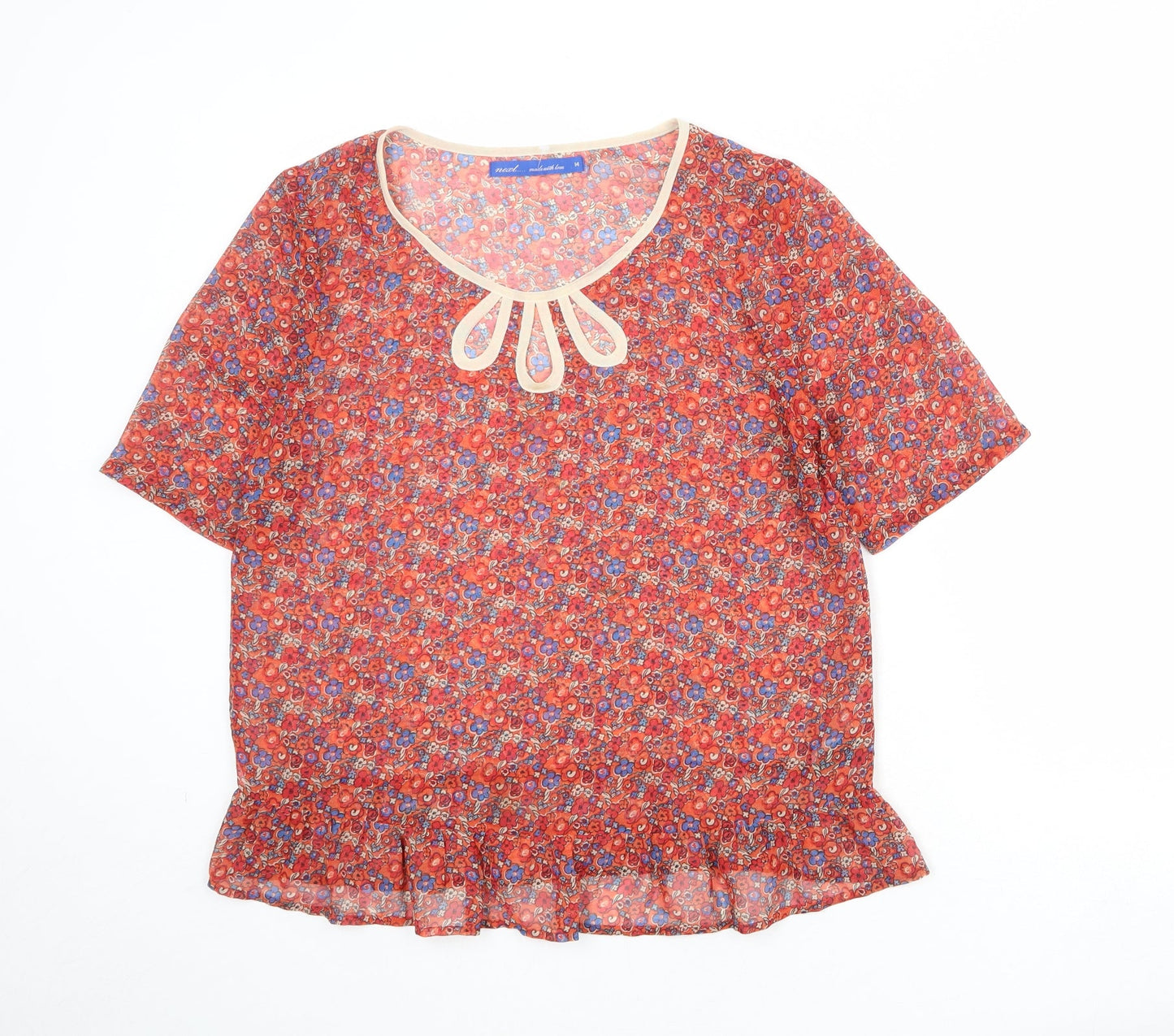 NEXT Womens Red Floral Polyester Basic T-Shirt Size 14 Round Neck