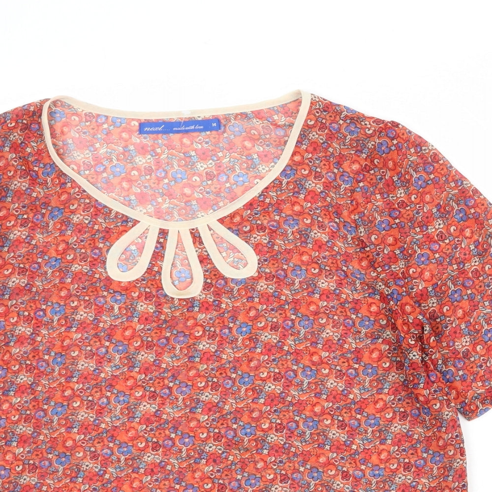 NEXT Womens Red Floral Polyester Basic T-Shirt Size 14 Round Neck