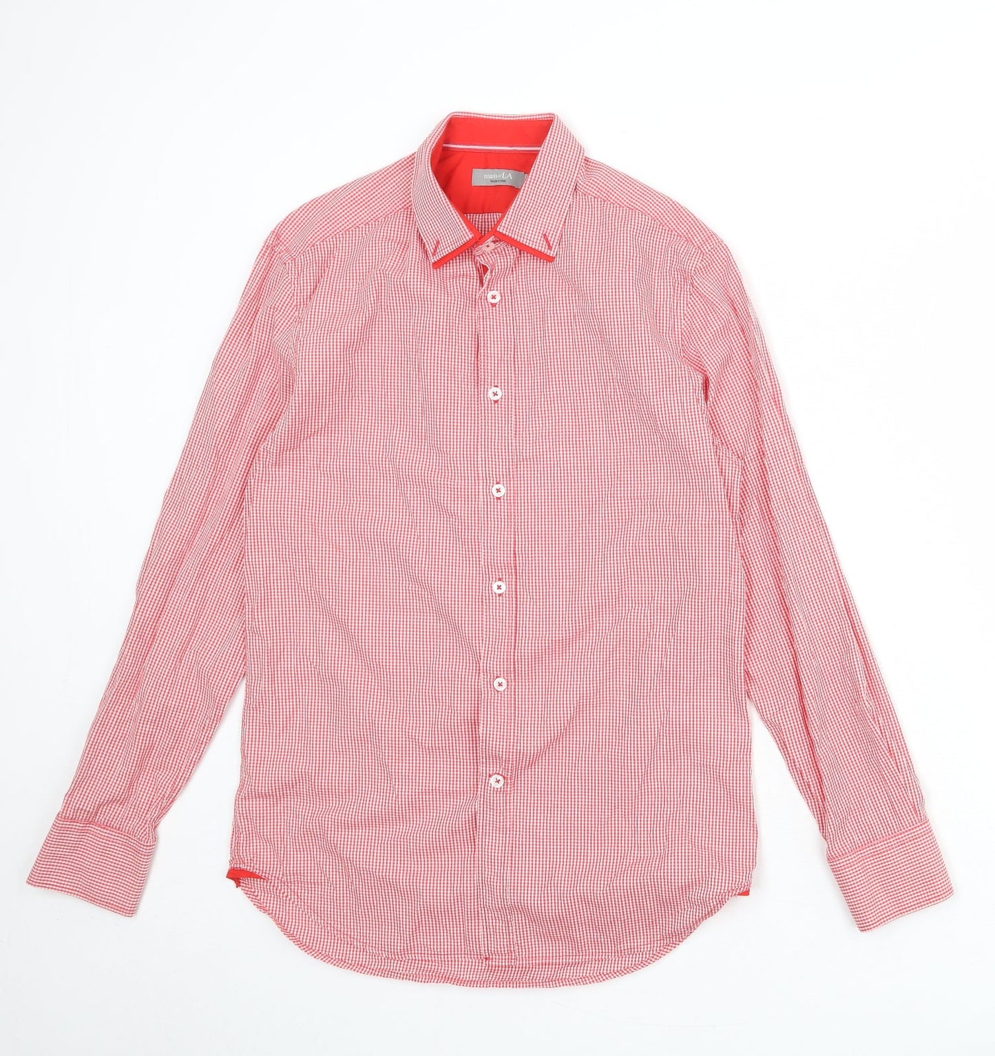Man At LA Mens Red Check Cotton Button-Up Size S Collared Button