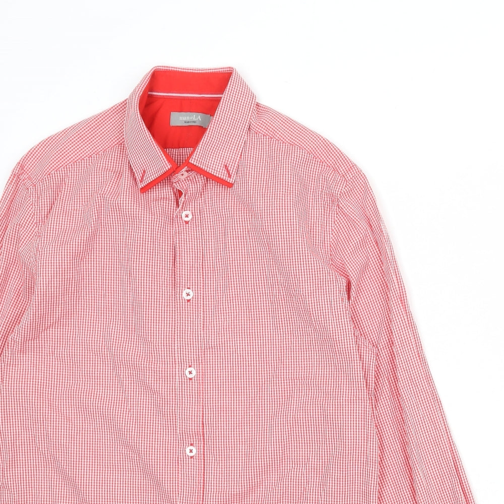 Man At LA Mens Red Check Cotton Button-Up Size S Collared Button
