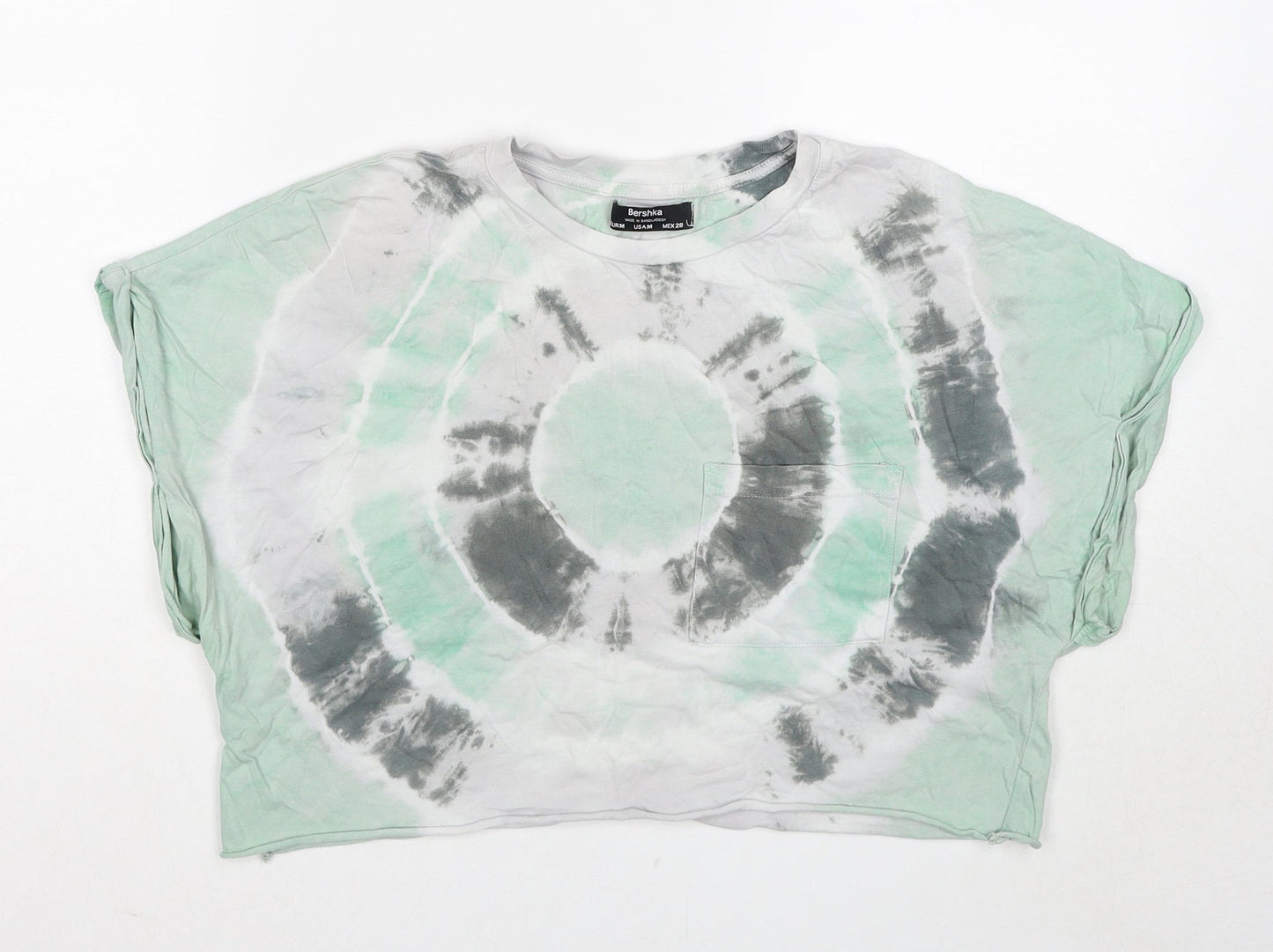 Bershka Womens Green Geometric Cotton Cropped T-Shirt Size M Round Neck