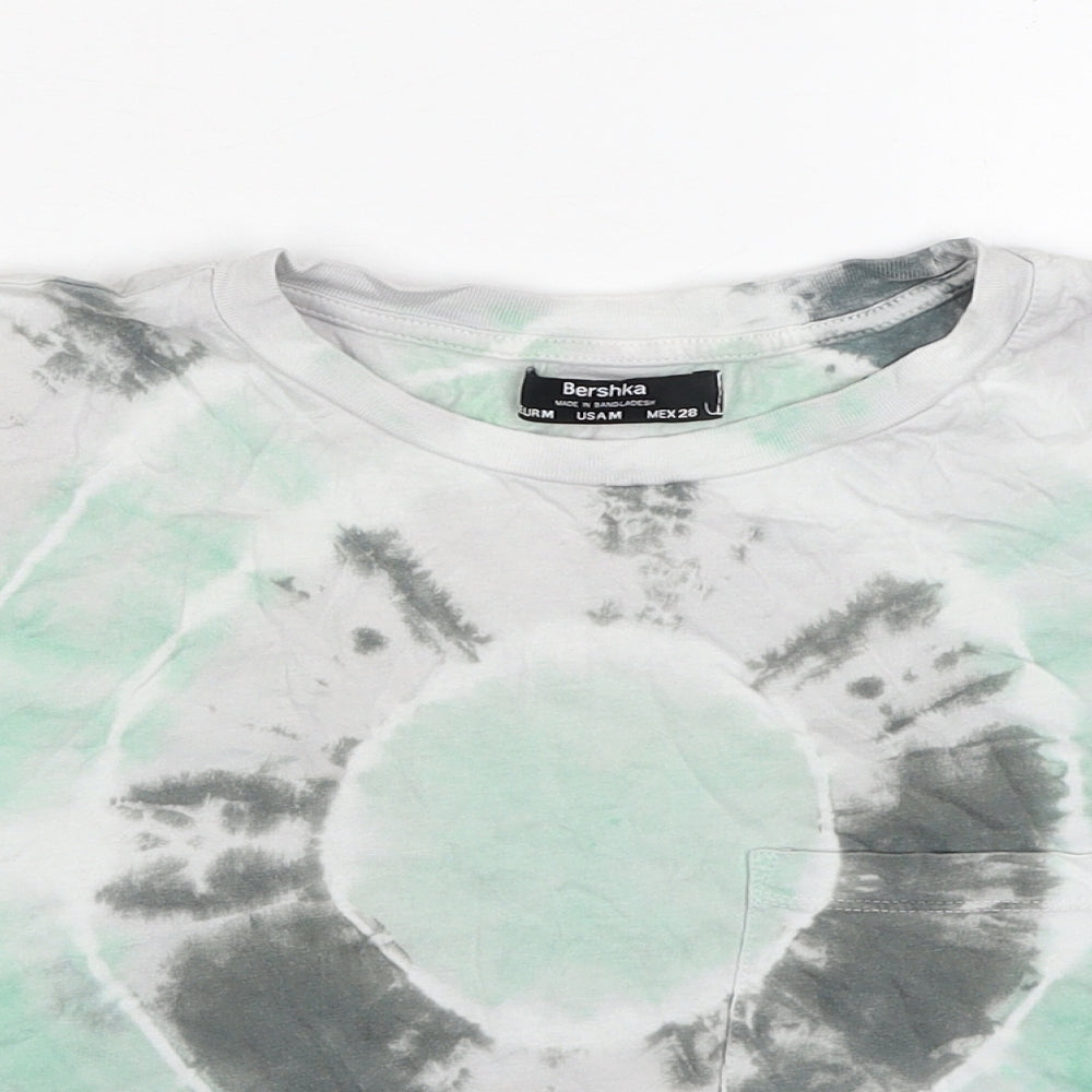 Bershka Womens Green Geometric Cotton Cropped T-Shirt Size M Round Neck