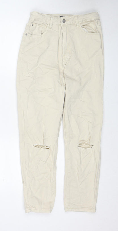 Additional front view of Missguided women’s beige cotton mom jeans, size UK 10, regular zip