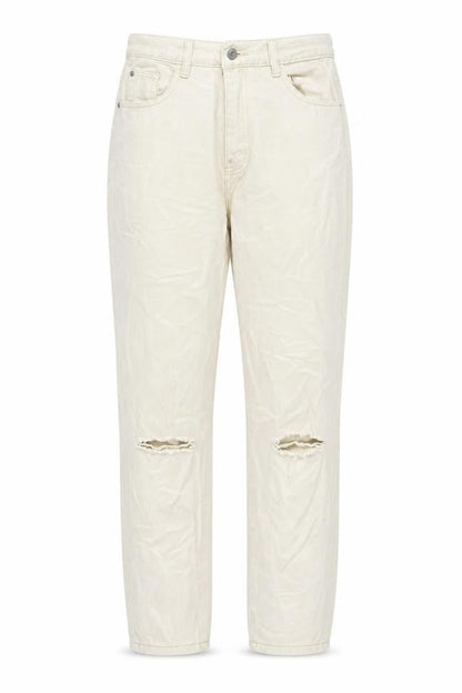 Front view of Missguided women’s beige cotton mom jeans, size UK 10, regular zip
