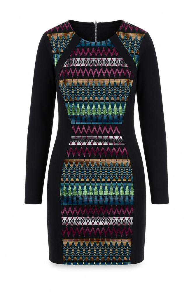 H&M Womens Multicoloured Geometric Polyester Shift Size 8 Round Neck Zip