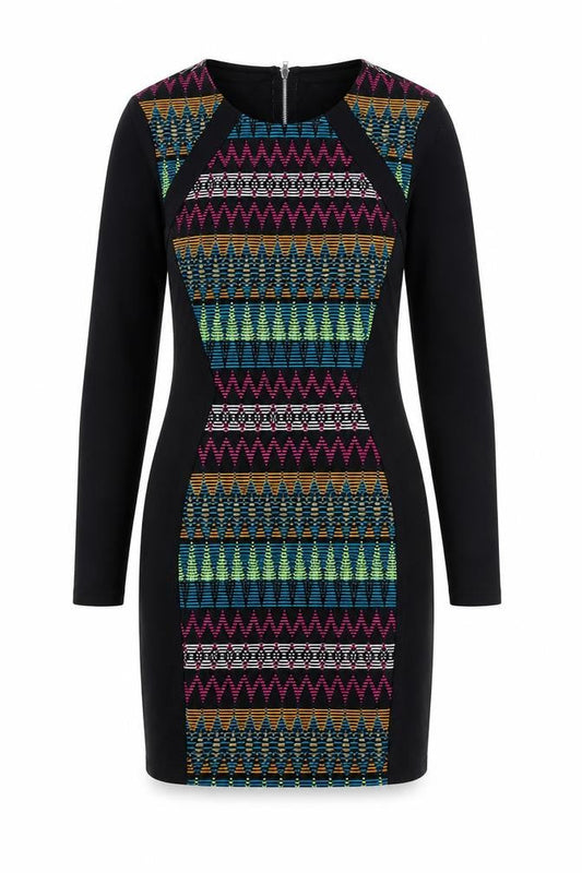 H&M Womens Multicoloured Geometric Polyester Shift Size 8 Round Neck Zip